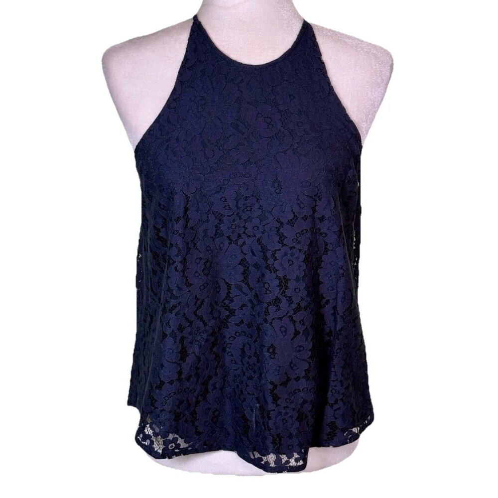 Women’s Navy Lace Halter Top High‎ Neck Keyhole Back Date Night Coquette Sz XS